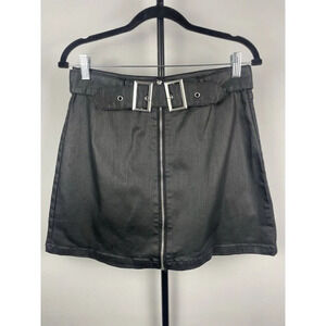 Amp Black Faux Leather Waxed Front Zip‎ Goth Punk Mini Skirt With Belt Size L